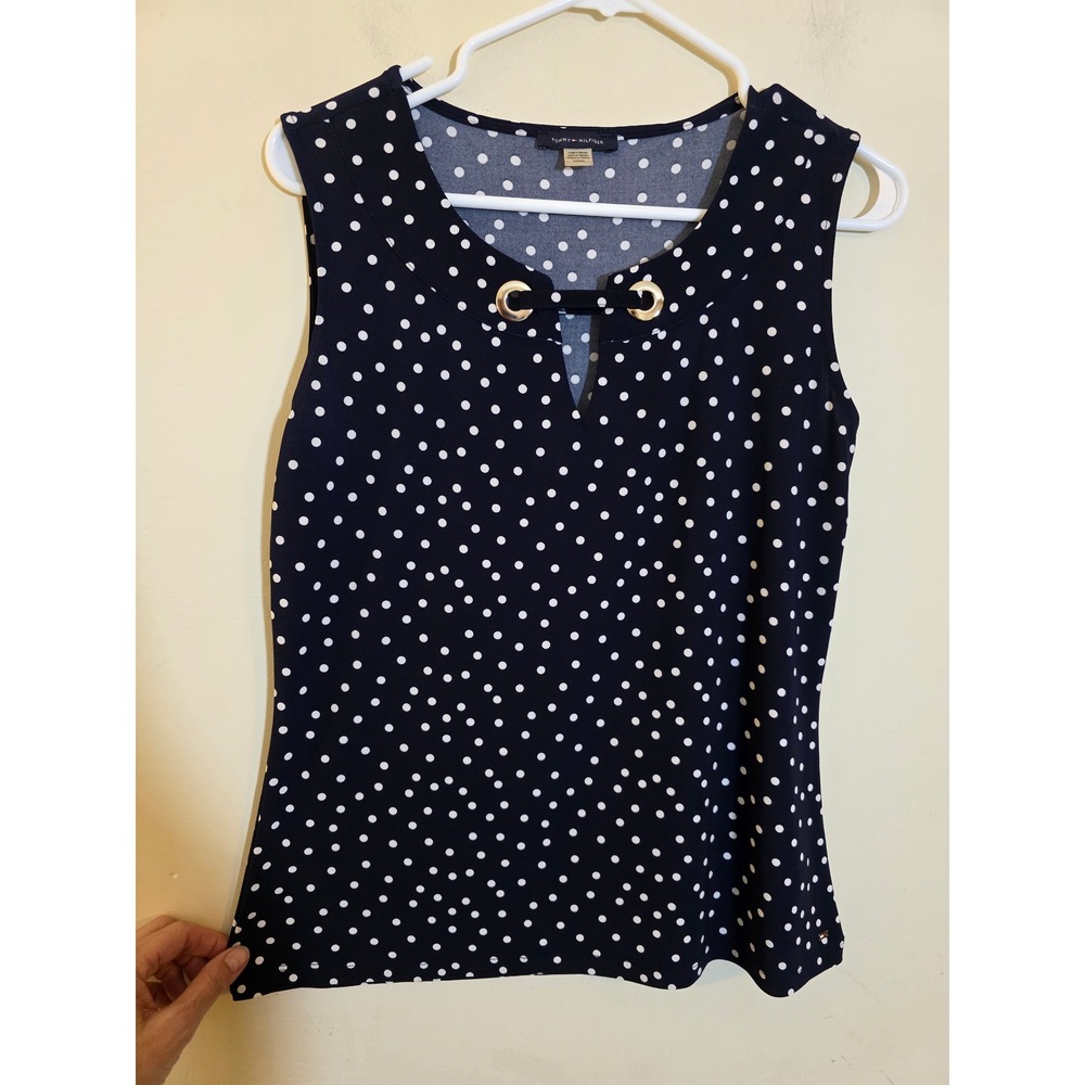 Tommy Hilfiger Mens Navy Blue Polka‎ Dot Grommet Keyhole Sleeveless Top L Large